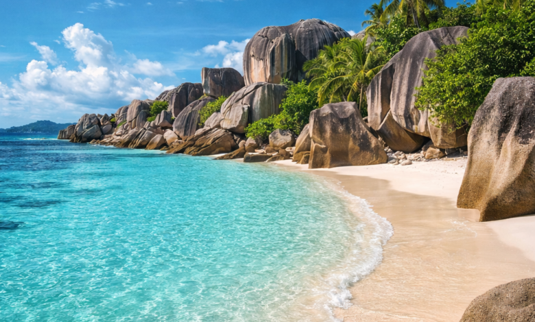 شاطئ أنس سورس دارجان في سيشل بمياهه الفيروزية وصخوره الجرانيتية الشهيرة